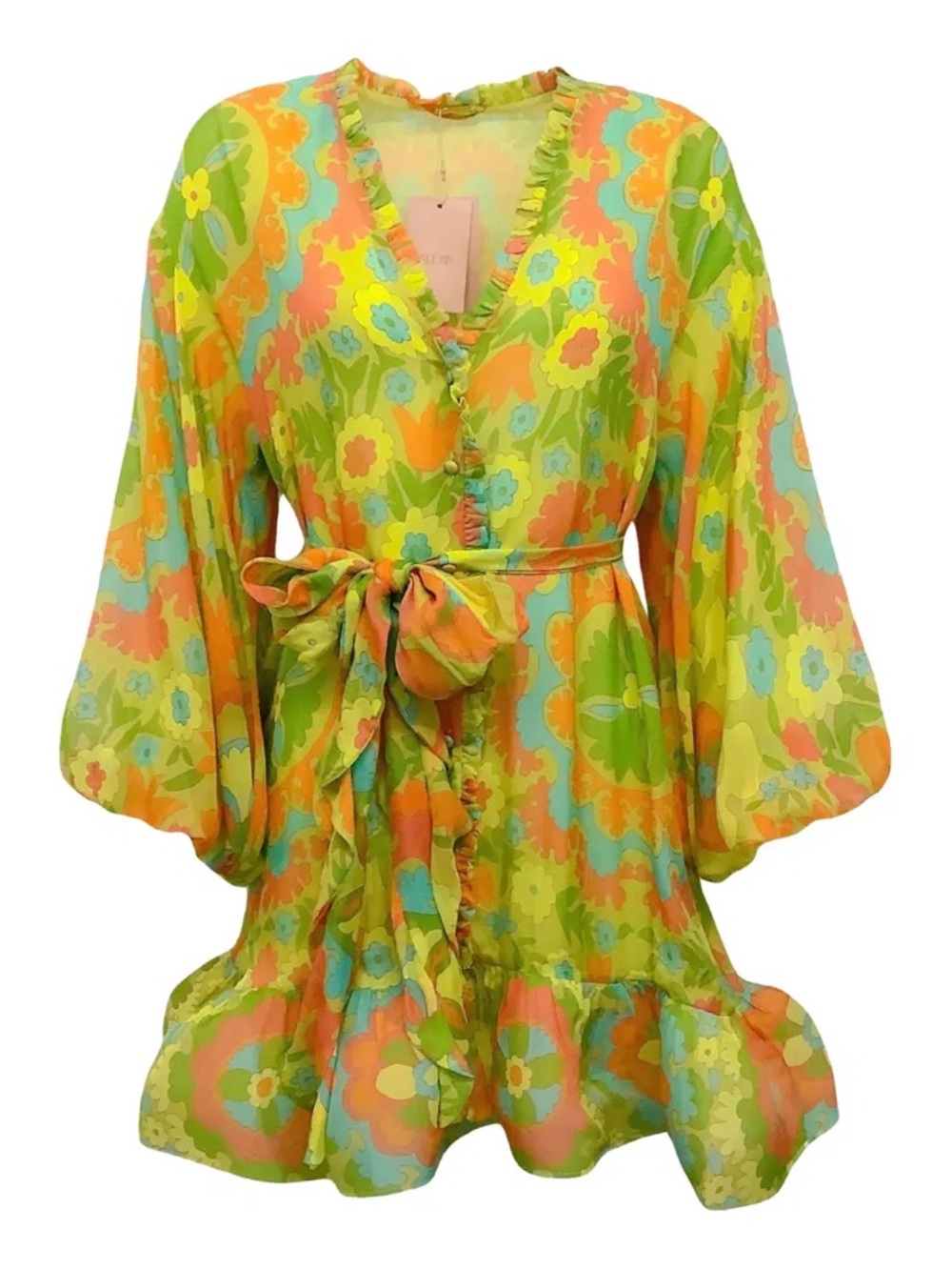 Alexis Floral Mini Dress in Lime Green, Orange & Aqua